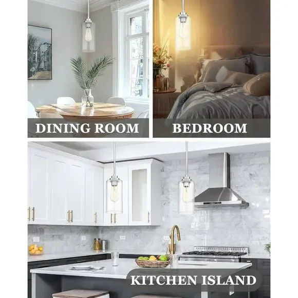 Pendant Light Fixture Brushed Nickel Clear Glass, Kitchen Dining Room Bedroom - Picture 6 of 7